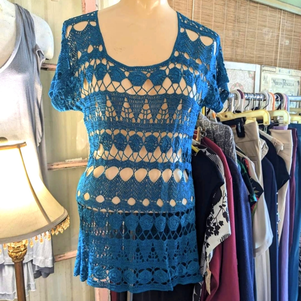 Chico's Turquoise Crochet Tunic Top Sz 1 B36